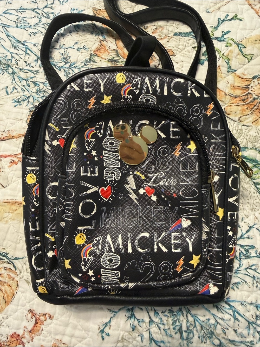 Disney Black Mini Backpack with Multicolor Mickey Print and Gold Accent